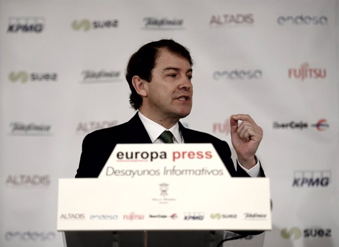 El president de Castella i Lleó, Alfonso Fernández Mañueco, intervé en un esmorzar informatiu d'Europa Press, a Madrid (Espanya), a 12 de febrer del 2020.