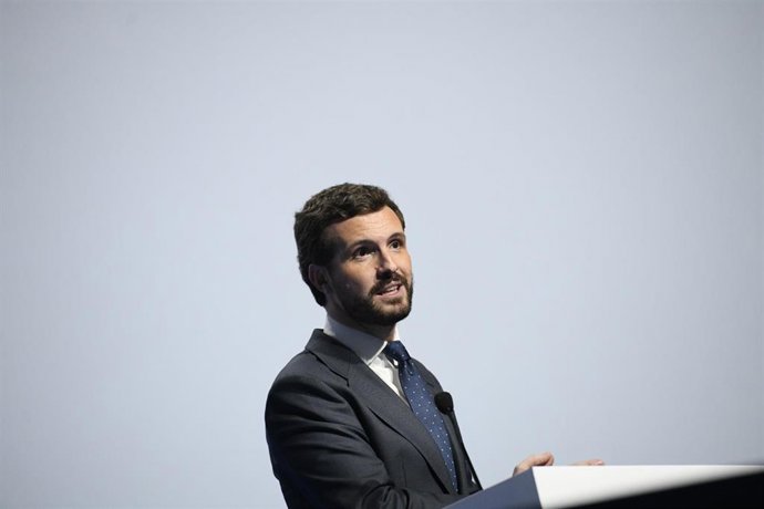 El presidente del PP, Pablo Casado, durante su intervención en la jornada inaugural del Congreso Nacional de la Distribución de la Automoción, en Madrid (España), a 5 de febrero 2020.