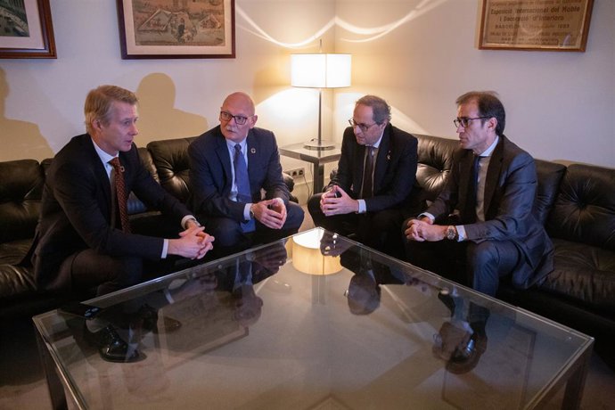 (E-D) El director general de GSMA, Mats Granryd; el conseller delegat de GSMA John Hoffman; el president de la Generalitat, Quim Torra i el president del consell d'administració de Fira Barcelona, Pau Relat, a 13 de febrer del 2020.