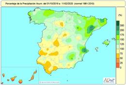 Las lluvias acumuladas en el conjunto de España hasta el 11 de febrero superan en un 11% el valor normal. El suroeste, puntos del sistema Central, del centro y norte de Castilla y León y de Canarias, por el contrario, acusan déficit de precipitaciones.