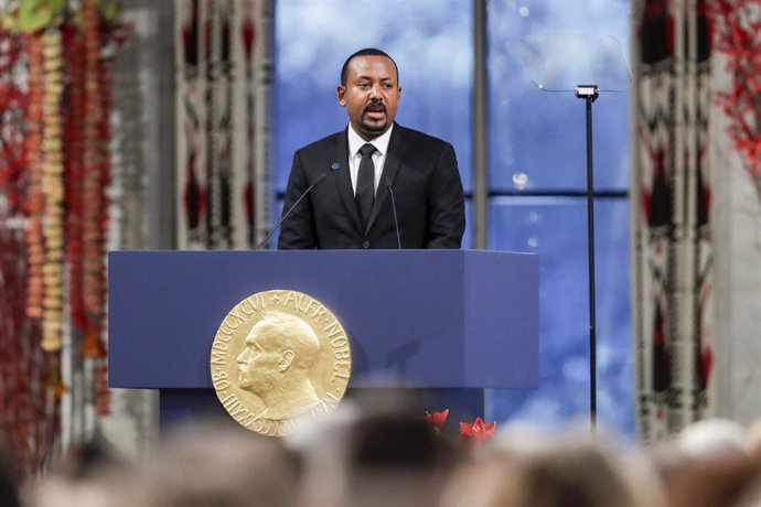 El primer ministro etíope, Abiy Ahmed, durante su discurso al recoger el Nobel de la Paz