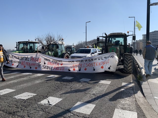 Manifestación de agricultores en Lleida en defensa de los precios justos de la fruta de hueso.