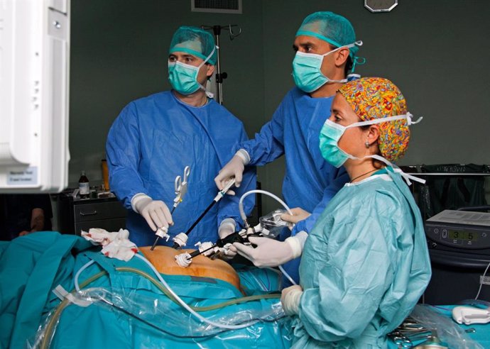 El coordinador de la Unidad de Innovación en Cirugía Mínimamente Invasiva del Hospital Virgen del Rocío, Salvador Morales Conde, en una operación de cirugía bariátrica por laparoscopia.