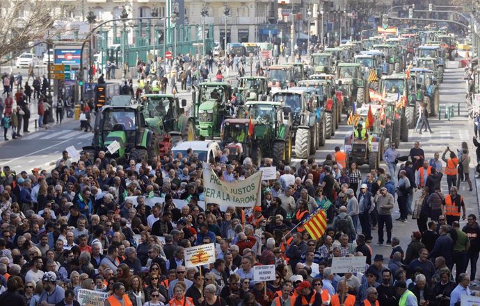 Agricultores y ganaderos organizan una 'tractorada' para manifestarse por la "situación límite" que viven los trabajadores del sector primario, en Valencia (España), a 14 de febrero de 2020.