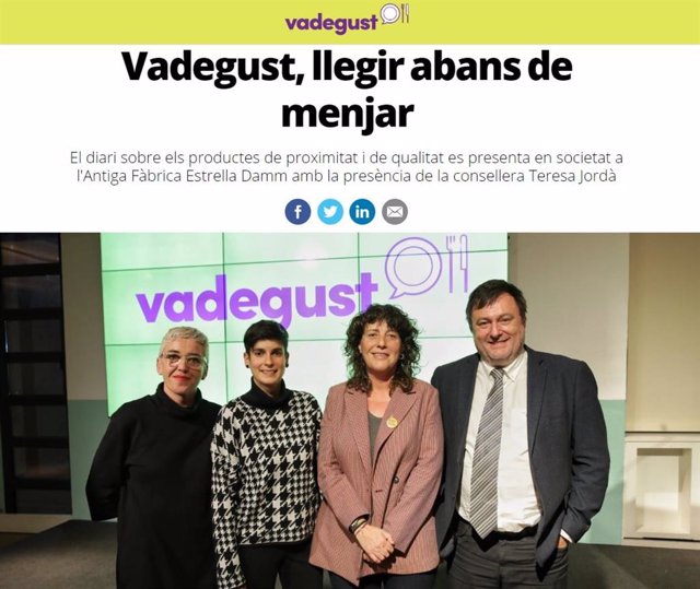 La consellera d'Agricultura de la Generalitat, Teresa Jordà;  la directora de Vadegust, Nerea Rodríguez; l'editor de Vadegust, Salvador Cot, i la directora de Vadevi, Margalida Ripoll, en la presentació del digital.