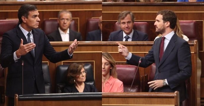 Montaje fotográfico del presidente del Gobierno en funciones, Pedro Sánchez, y el líder del PP, Pablo Casado, durante la sesión de control al Gobierno en el Congreso