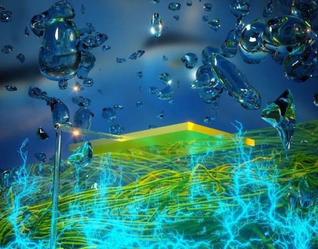 Imagen gráfica de una película delgada de nanocables de proteínas que generan electricidad a partir de la humedad atmosférica.