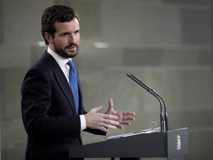 El president del PP, Pablo Casado, en roda de premsa després de la reunió amb el president del Govern d'Espanya, Pedro Sánchez, Madrid (Espanya), 17 de febrer del 2020.
