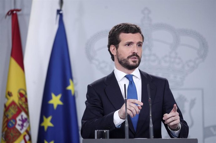 El presidente del PP, Pablo Casado, en rueda de prensa tras su reunión con el presidente del Gobierno, Pedro Sánchez, en Madrid (España), a 17 de febrero de 2020.