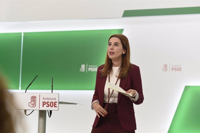 La portavoz de Educación del PSOE-A en el Parlamento andaluz, Beatriz Rubiño, en rueda de prensa.