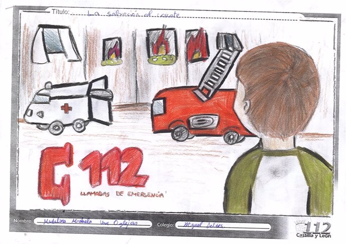Dibujo ganador del concurso 'Qué es el 112 para ti' de una alumna de Aldeamayor de San Martín.