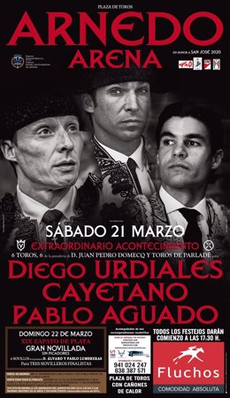 Cartel del 21 de marzo en Arnedo, con toros de Juan Pedro Domecq y Parladé para Diego Urdiales, Cayetano y Pablo Aguado