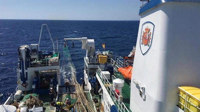 Largado del arte a bordo del buque oceanográfico Miguel Oliver de la Secretaría General de Pesca del Ministerio de Agricultura, Pesca y Alimentación