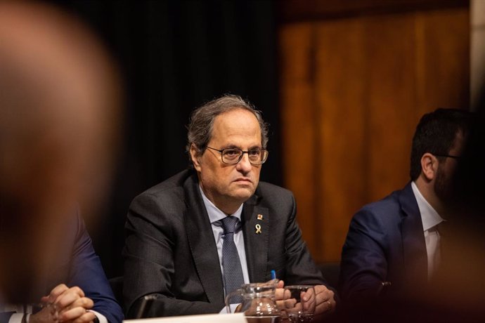 El president de la Generalitat, Quim Torra, durante la reunión entre el Govern de la Generalitat y las empresas y administraciones relacionadas con el Mobile World Congress tras su cancelación, en Barcelona (Catalunya /España), a 17 de febrero de 2020.