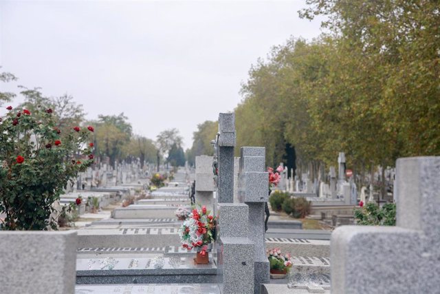 Lápidas con flores en el Cementerio de la Almudena de Madrid.