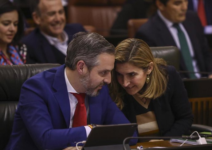El consejero de Hacienda, Juan Bravo, junto a la consejera de Empleo, Rocío Blanco, en la primera jornada del Pleno del Parlamento de Andalucía, del miércoles 19 de febrero.