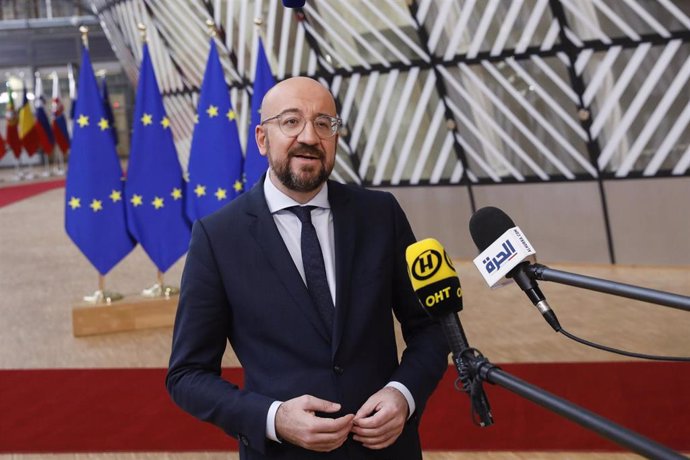 20 February 2020, Belgium, Brussels: European Council President Charles Michel speaks with the media representatives ahead of the start of an extraordinary EU summit meeting on the European Budget. Photo: Thierry Roge/BELGA/dpa