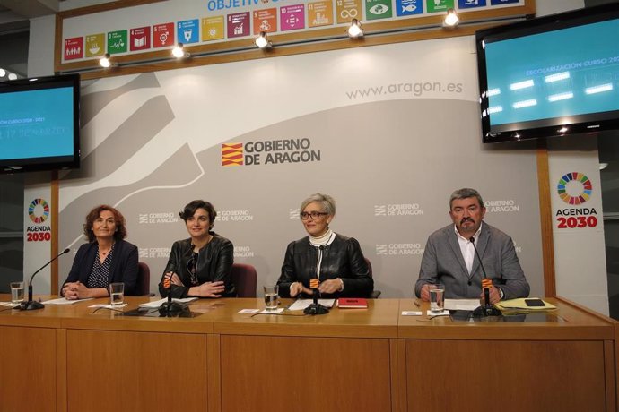 Olga Alastruey, Ana Montagud, Isabel Arbués y Jesús Villel presentan los datos del proceso de escolarización en Aragón para el curso 2020-2021.