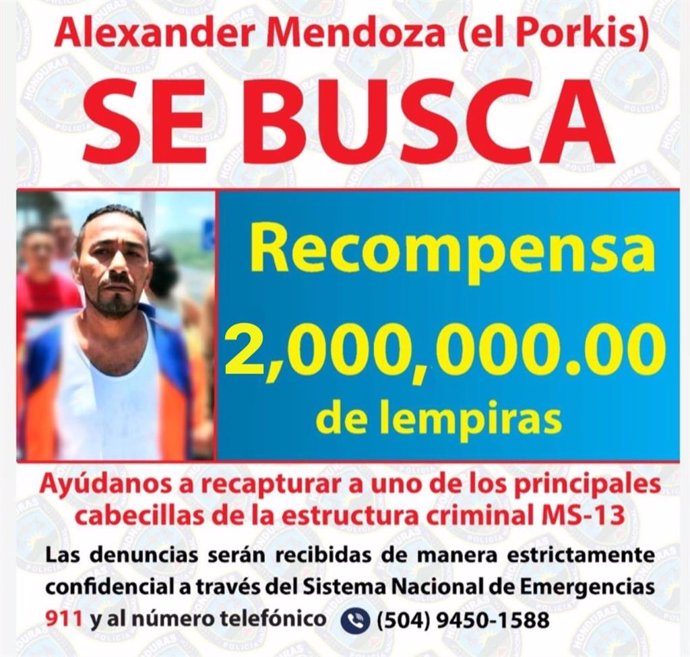 Cártel con recompensa para detener a Alexander Mendoza, 'Porkis'