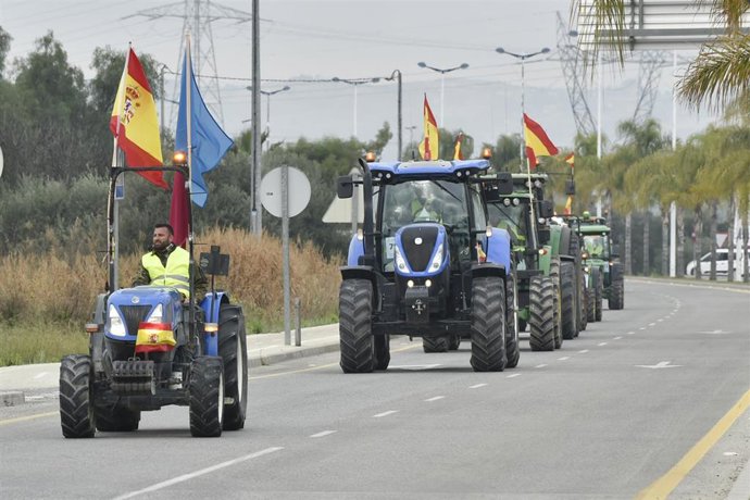 Varios tractores sale de la pedanía de Sangonera la Verde (Murcia), hacia la manifestación de agricultores en la ciudad de Murcia (España), convocada para la jornada de hoy, 21 de febrero de 2020.