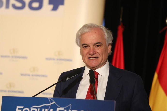 El presidente del CEIM, Miguel Garrido de la Cierva, durante su intervención en un desayuno informativo de Fórum Europa, en Madrid (España), a 21 de febrero de 2020.