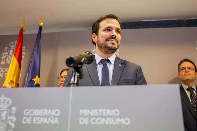 El ministro de Consumo, Alberto Garzón, durante la rueda de prensa de presentación del proyecto de Real Decreto de Comunicaciones Comerciales de las Actividades del Juego, en Madrid (España), a 21 de febrero de 2020.