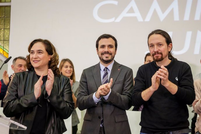 Ada Colau, Alberto Garzón i Pablo Iglesias, en la trobada confederal d'Unides Podem a Madrid, a 22 de febrer del 2020.