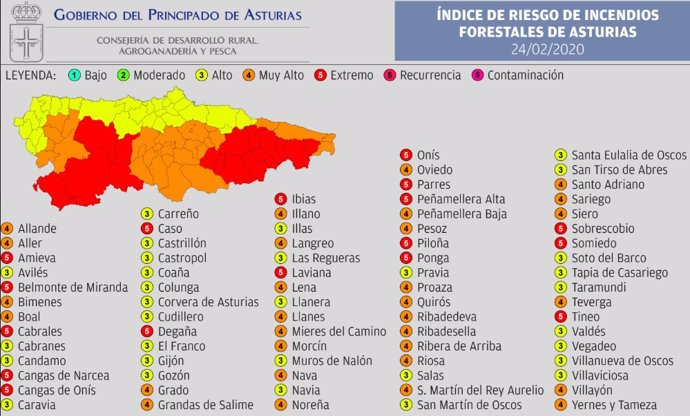 Indice de riesgo de incendios forestales en Asturias