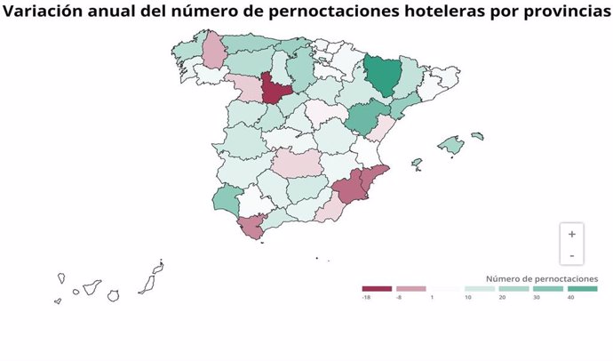 Variación anual del n de pernoctaciones hoteleras por provincias en enero de 2020 (INE)