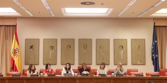 La ministra de Igualdad, Irene Montero (centro), durante la reunión de Comisión de Igualdad en el Congreso de los Diputados en Madrid, a 24 de febrero de 2020.