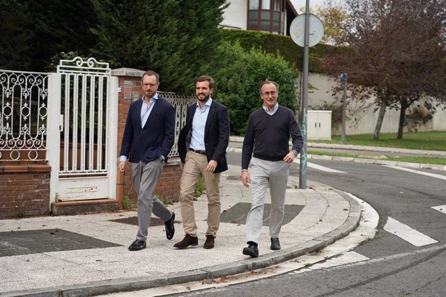 (I-D) El portavoz del PP en el Senado, Javier Maroto, el presidente del PP, Pablo Casado, y el ya ex presidente del PP vasco, Alfonso Alonso.