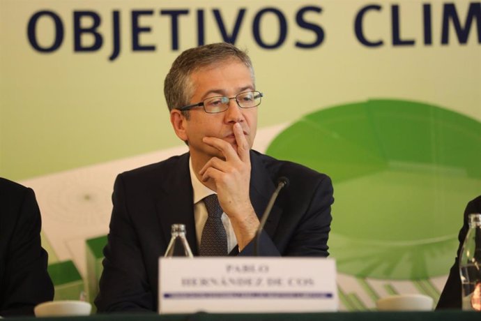 El gobernador del Banco de España, Pablo Hernández de Cos, durante la Jornada 'Financiación Sostenible para los Objetivos Climáticos', en Madrid, a 24 de febrero de 2020.