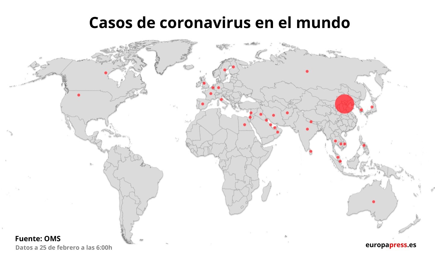 Casos de coronavirus en el mundo a 25 de febrero