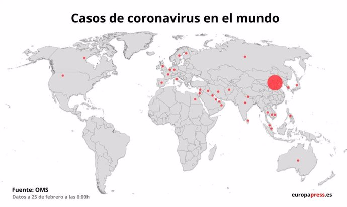 Casos de coronavirus al món el 25 de febrer 2020.