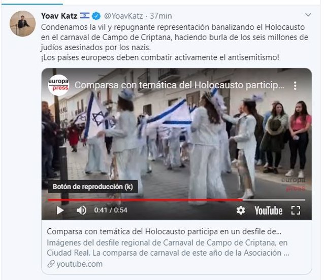 El portavoz de la Embajada de Israel denuncia la "repugnante banalización" del Holocausto en el carnaval de Campo de Criptana (Ciudada Real)