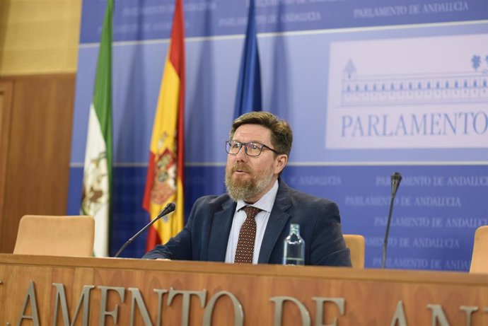 El portavoz adjunto del Grupo Socialista en el Parlamento andaluz Rodrigo Sánchez Haro, en una rueda de prensa.