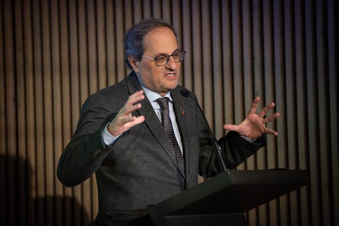 El presidente de la Generalitat, Quim Torra durante su intervención en el acto de Acuerdo Nacional para la Agenda 2030, en el recinto modernista de Sant Pau, en  Barcelona (España), a 21 de febrero de 2020.