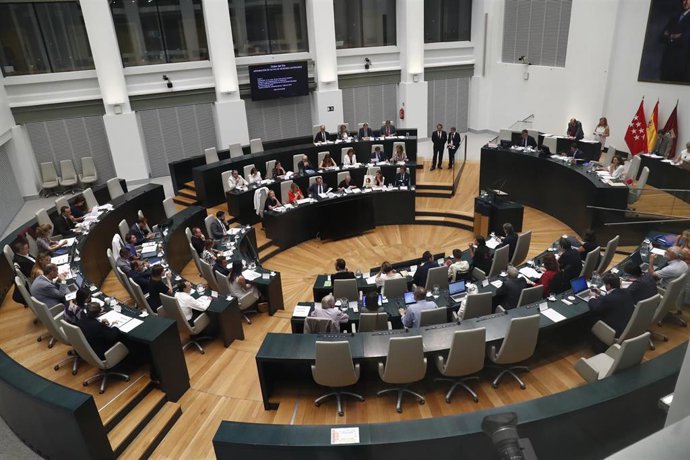 Vista del hemiciclo de la sala de sesiones del Ayuntamiento de Madrid (Palacio de Cibeles) durante un pleno donde se debate la aprobación provisional del proyecto Madrid Nuevo Norte.