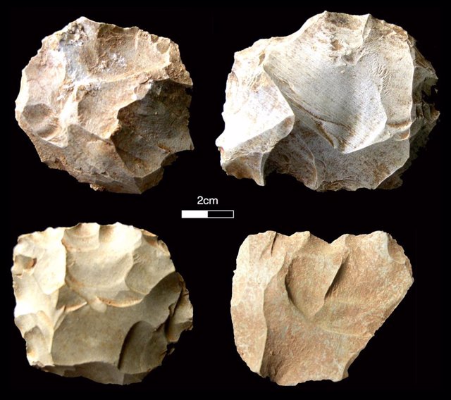 Herramientas de piedra encontradas en el sitio de Dhaba que se corresponden con los niveles de súper erupción volcánica de Toba. Aquí se muestran los tipos de diagnóstico del núcleo paleolítico medio