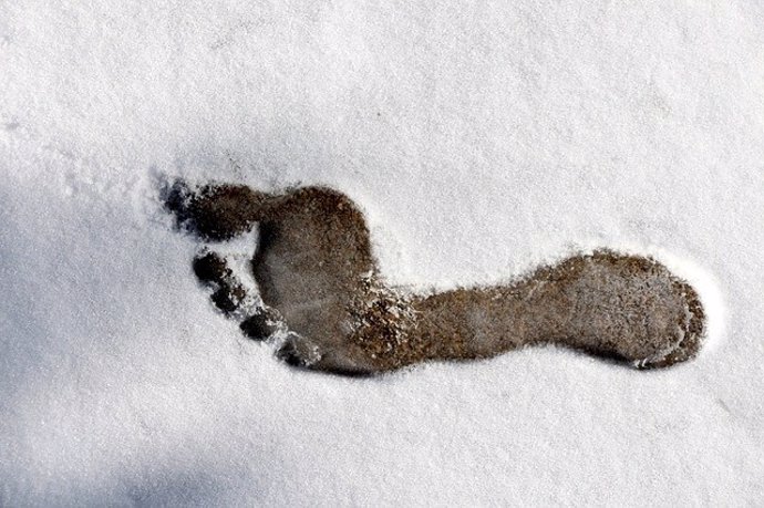 Huella de pie descalzo en la nieve.