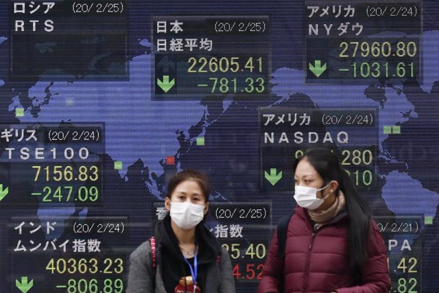 Dos mujeres con mascarilla ante una pantalla mostrando los valores del Nikkei, la bolsa japonesa, en Tokio