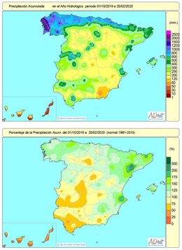 Mapa de precipitaciones acumuladas en España desde el 1 de octubre de 2019 hasta el 25 de febrero de 2020.