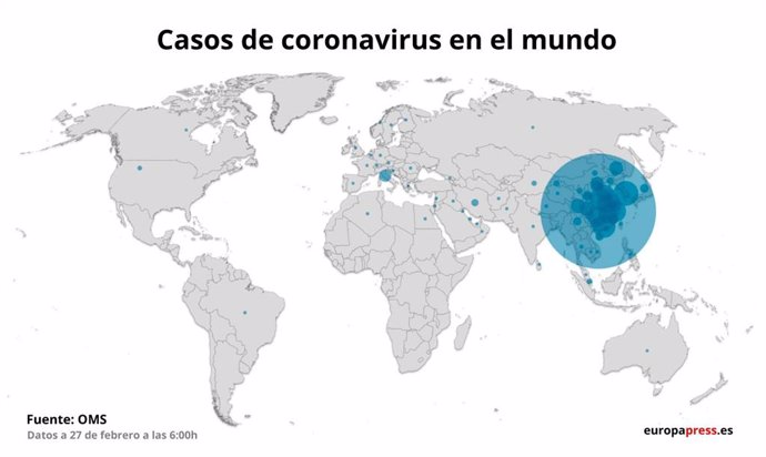 Casos de coronavirus en el mundo el 27 de febrero a las 6:00
