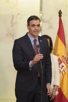 El presidente del Gobierno, Pedro Sánchez interviene en el encuentro institucional programado entre el Gobierno y la presidenta del Gobierno de La Rioja, Concha Andreu.
