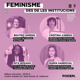Cartel de Feminisme des de les institucions de Podem, con Beatriz Gimeno, Cristina Cabedo, Rita Bosaho y María Sandoval