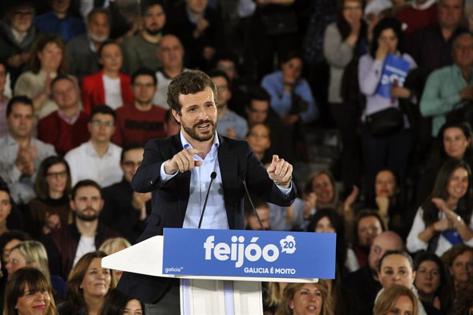 O presidente do PP, Pablo Casado, intervén nun acto de celebración dos 11 anos de presidencia en Galicia de Alberto Núñez-Feijóo, en Ourense (Galicia) a 1 de marzo de 2020.