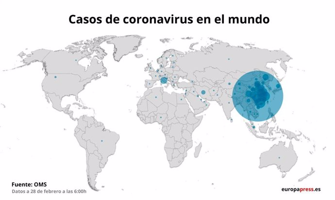 Mapa con casos de coronavirus en el mundo a 28 de febrero de 2020