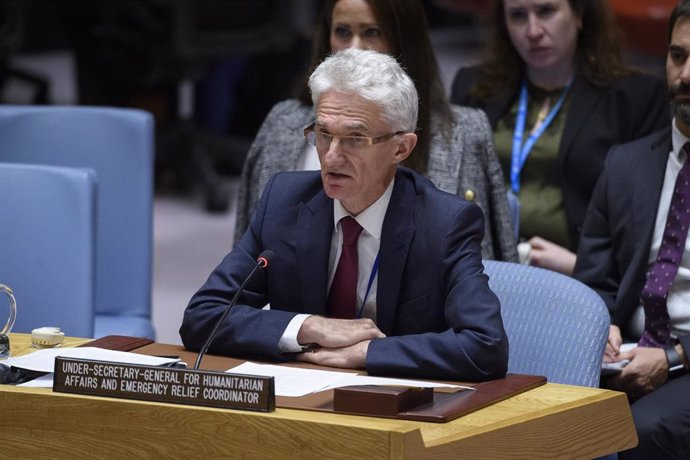 FILED - 14 November 2019, US, New York: Mark Lowcock, United Nations Under-Secretary-General for Humanitarian Affairs and Emergency Relief Coordinator, briefs the Security Council meeting on the situation in the Middle East.