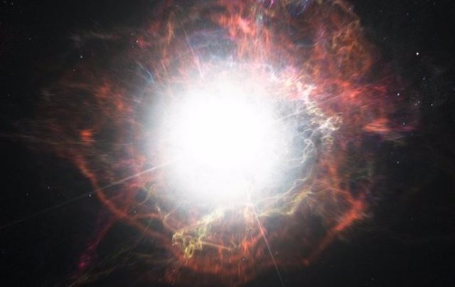 Las supernovas son estupendamente enérgicas; muchos pueden eclipsar brevemente una galaxia entera. Impresión del artista.