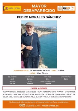 Cartel difundido para encontrar a Pedro Morales Sánchez